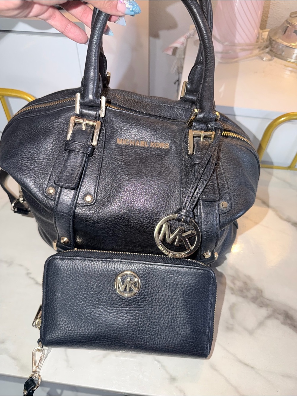 Michael Kors Black Pebbled Leather Satchel with Matching Wallet